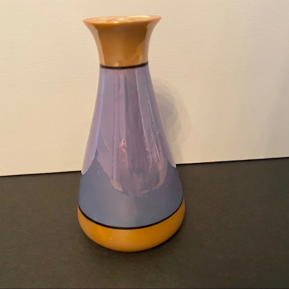 LUSTERWARE BUD VASE JAPAN BLUE GOLD BLACK VINTAGE GLASS HOME ACCENT 5” - Picture 1 of 8